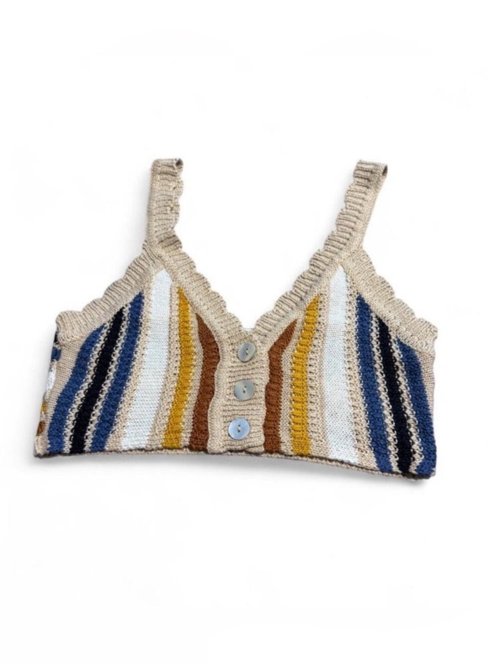 Striped Knit Button-Front Bralette in Beige, Blue & Mustard